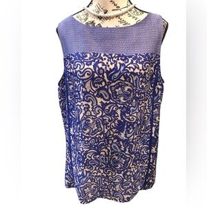 Ann Taylor LOFT Large Blue and Cream Sleeveless Graphic Artsy Blouse Back Zip